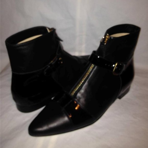 CHANEL 13A Black Leather Patent Pointed Buckled Ankle Bootie Boots Shoes - Picture 8 of 12